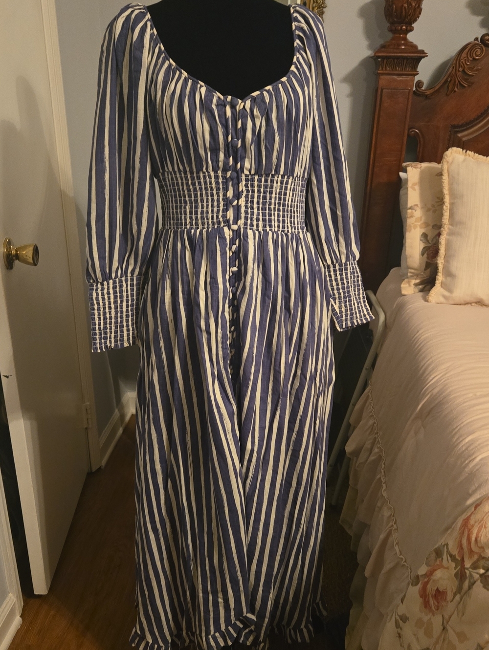 Striped Blue and White Maxi Dress with Smocked Waist